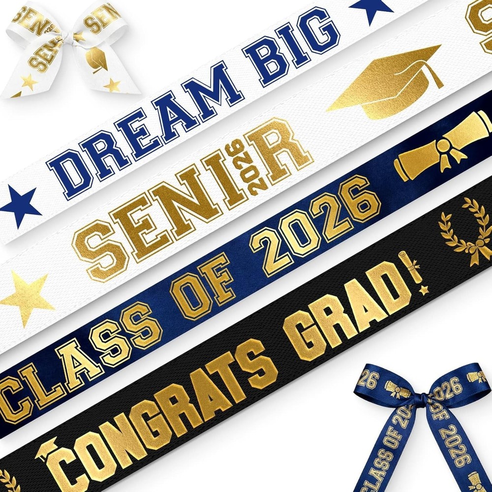 Class of 2026 Graduation Satin Ribbon 4 Pack, Gold Foil Royal Blue Satin Ribbons