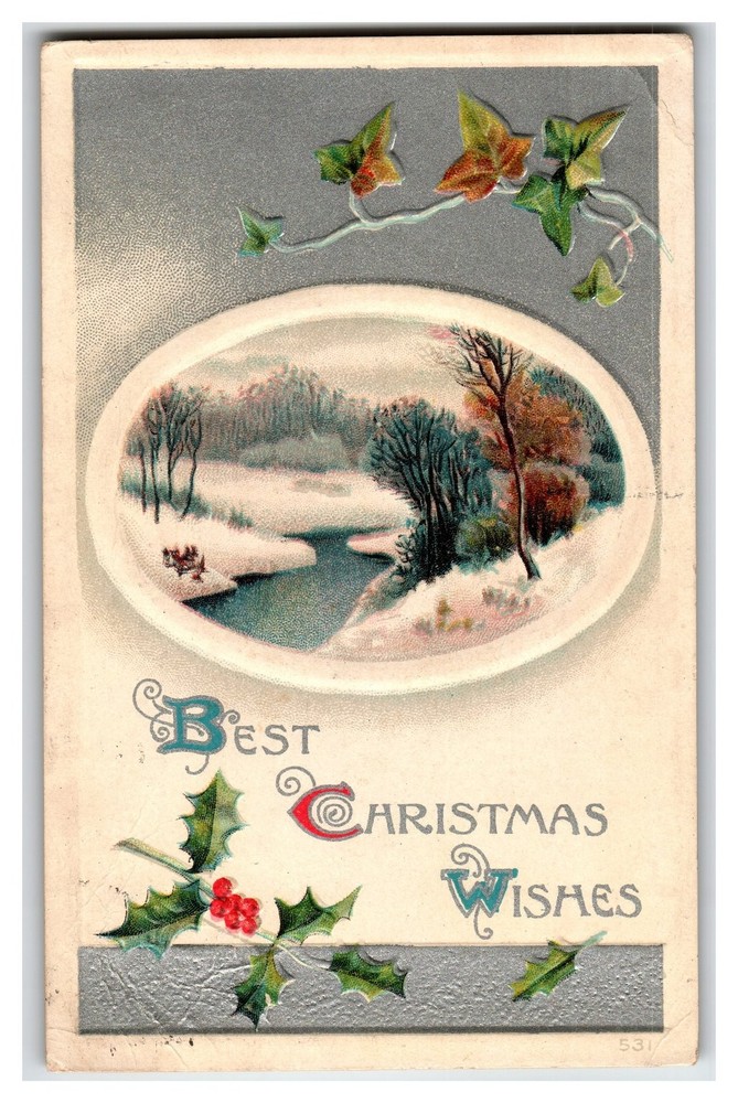 Vintage Embossed Christmas Postcard Winter Scene with Holly 1912