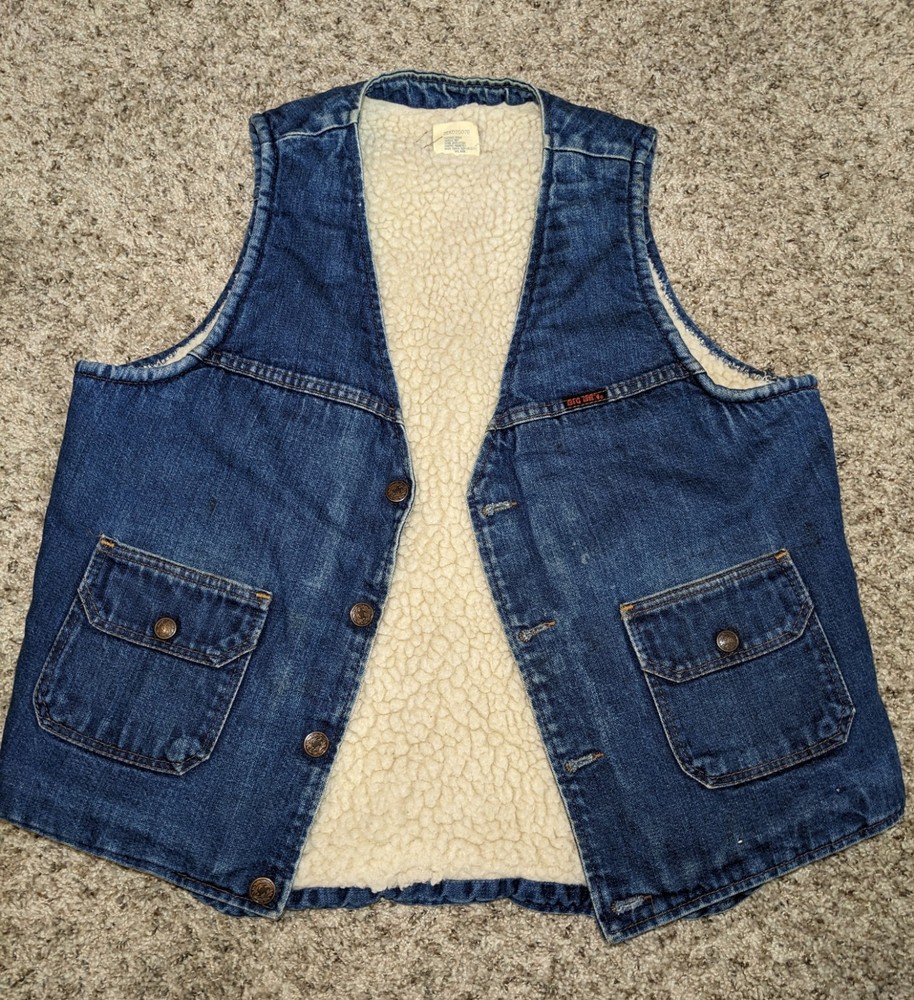 Vintage 70s Big Ben Sherpa Lined Denim Vest Cowboy Trucker Blue Mens Medium Work
