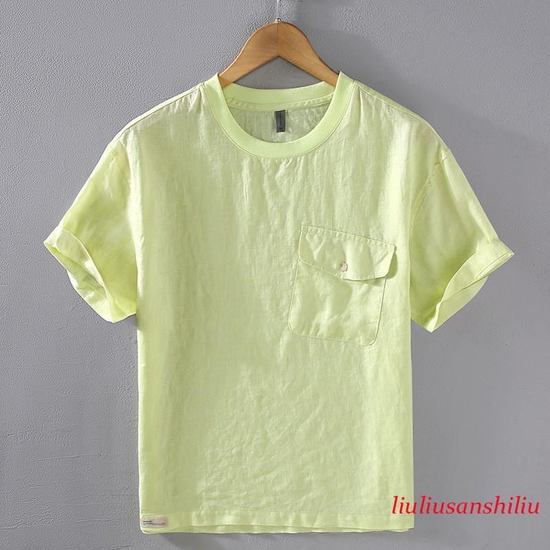 Summer Pure Linen Mens Casual Loose T-shirt Short-sleeved Comfortable Breathable