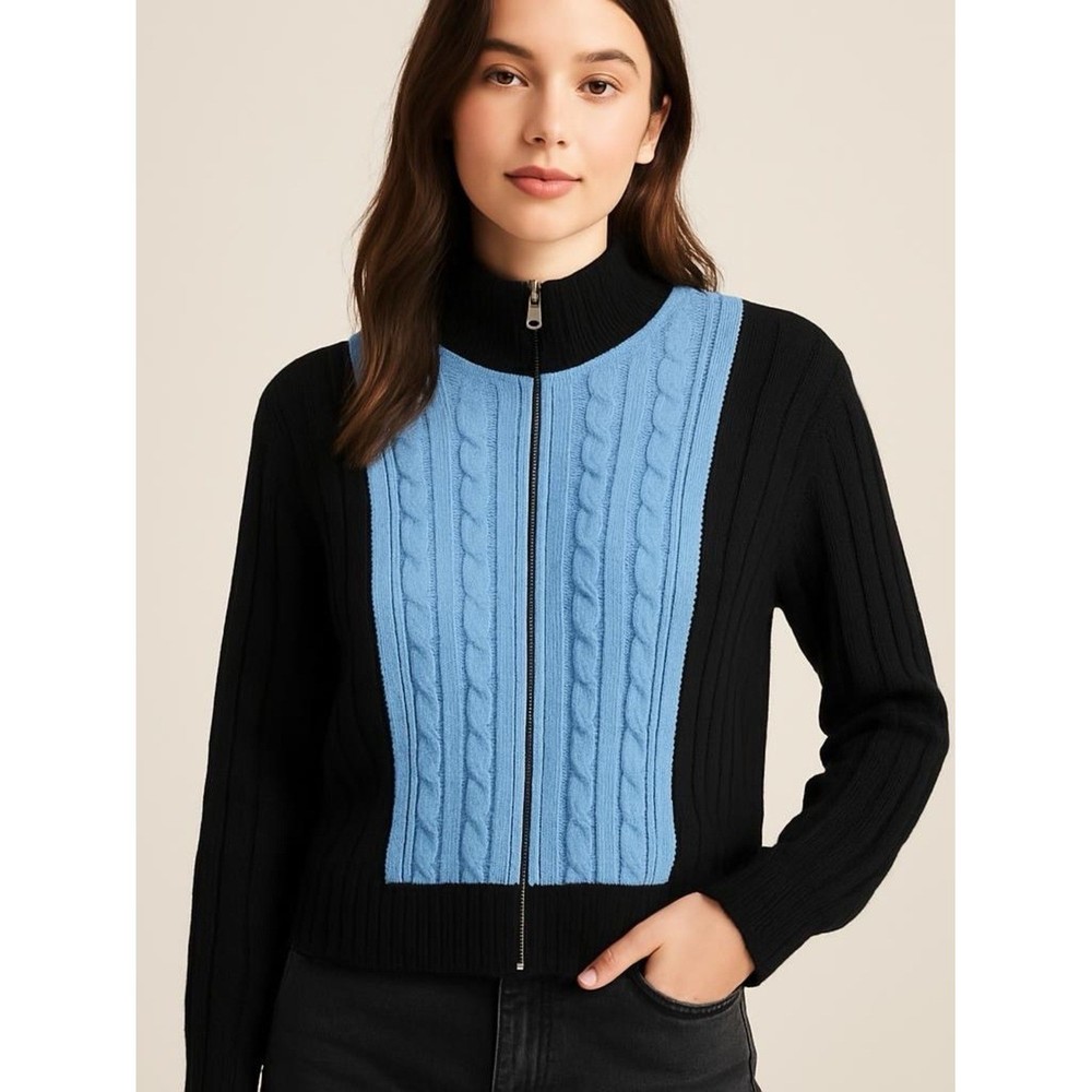 Vintage San Remo by Laura Knits Zip Sweater Black & Blue USA Size XL