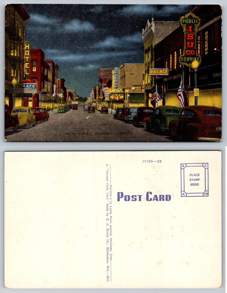 Ottumwa Iowa Main Street Night Scene Neon Signs Vintage Postcard