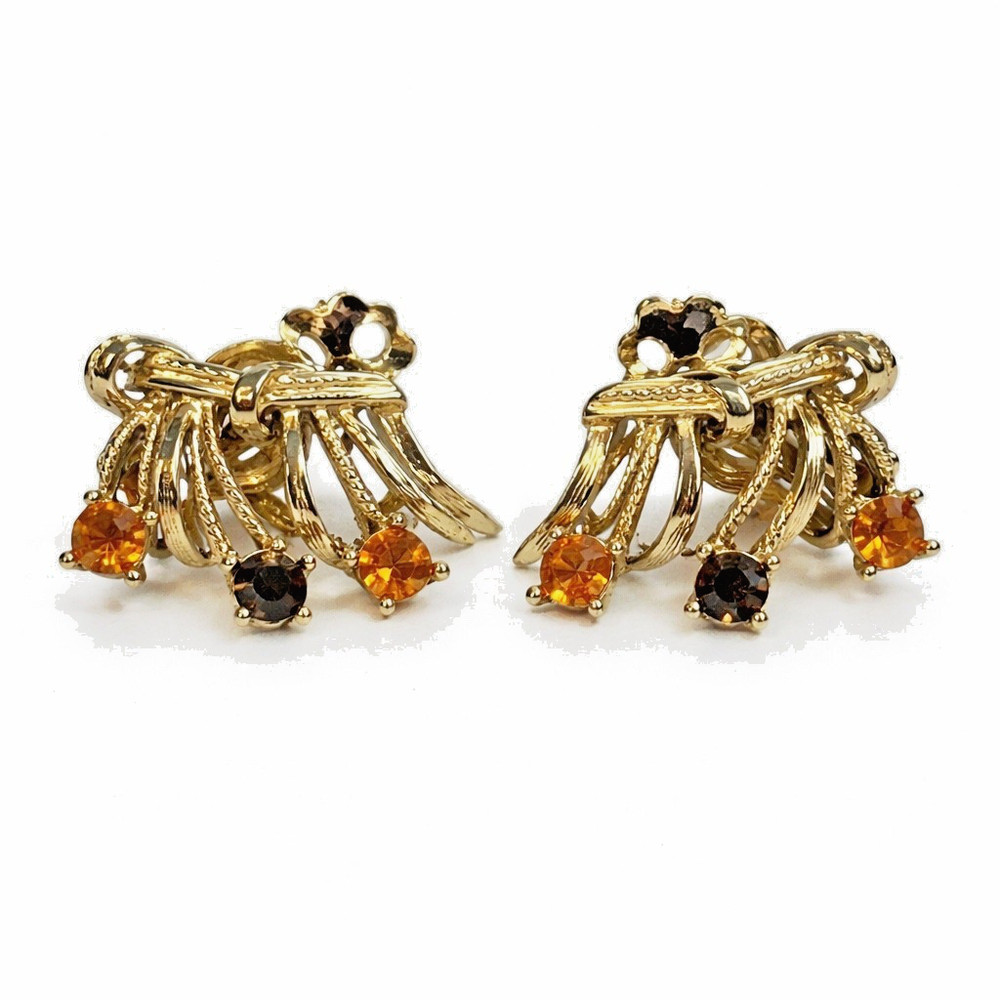 Vintage Gold Tone Amber Rhinestone Clip On Earrings Mid Century Spray Design