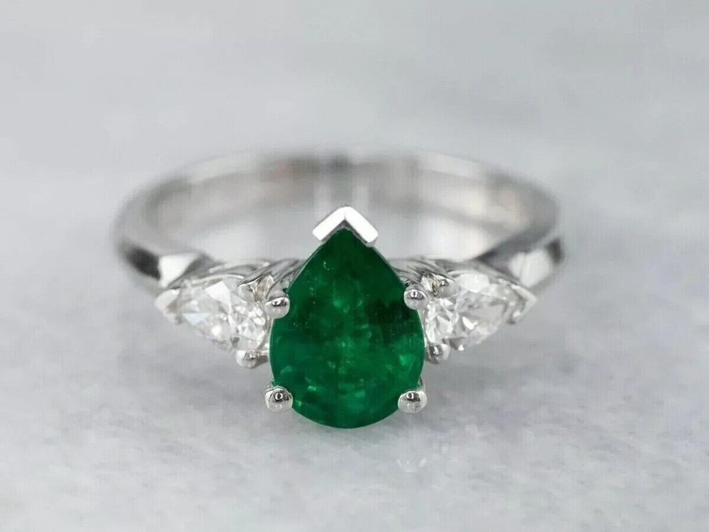 2Ct Pear Simulated Green Emerald Women's Three Stone Ring 14K White Gold Plated