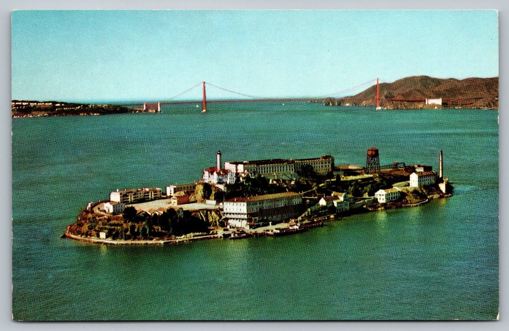 Alcatraz Island San Francisco Bay Golden Gate Bridge Vintage Postcard