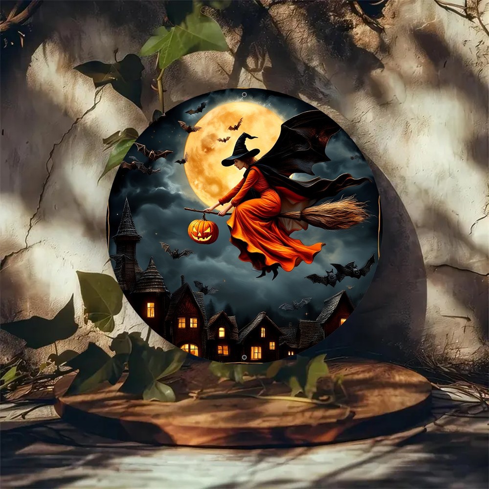 Witch on Broomstick Halloween Round Aluminum Wall Art
