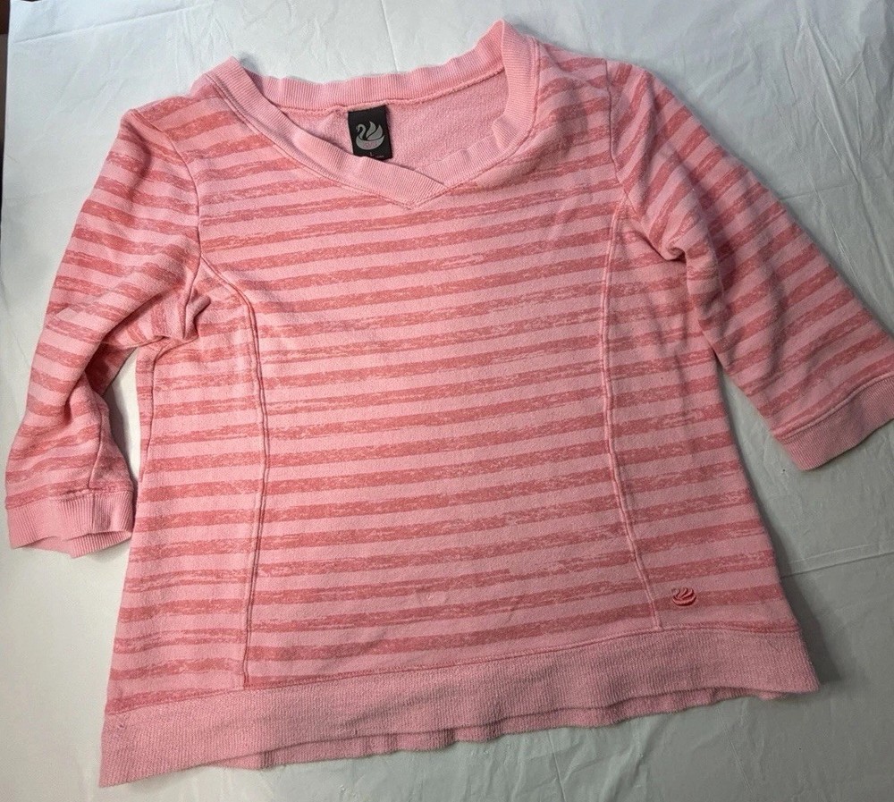 GVS Womens Large Pink Striped Sweatshirt Pullover Long Sleeve Casual Small Hole