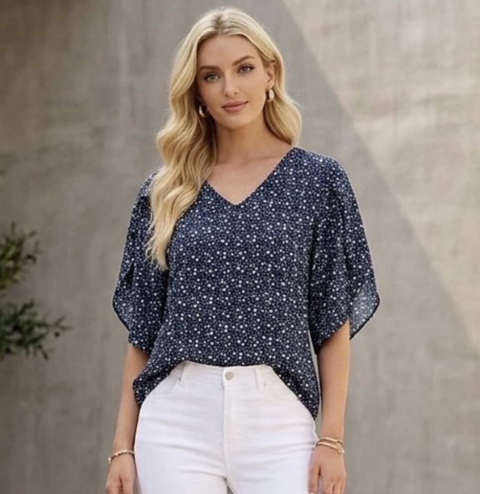 Womens Navy Floral Split Sleeve V Neck Top Size Medium Lightweight Summer Chic