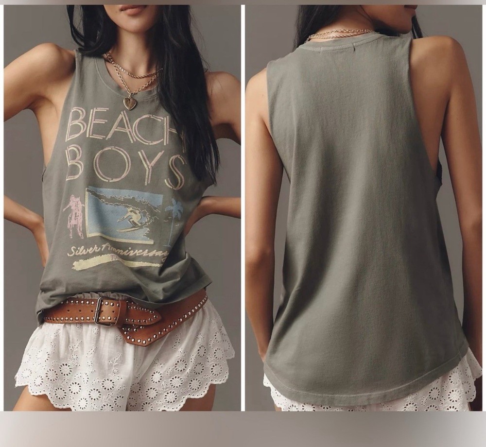 Anthropologie Letluv Beach Boys Graphic Tank Top Gray Surf Sleeveless NWT S