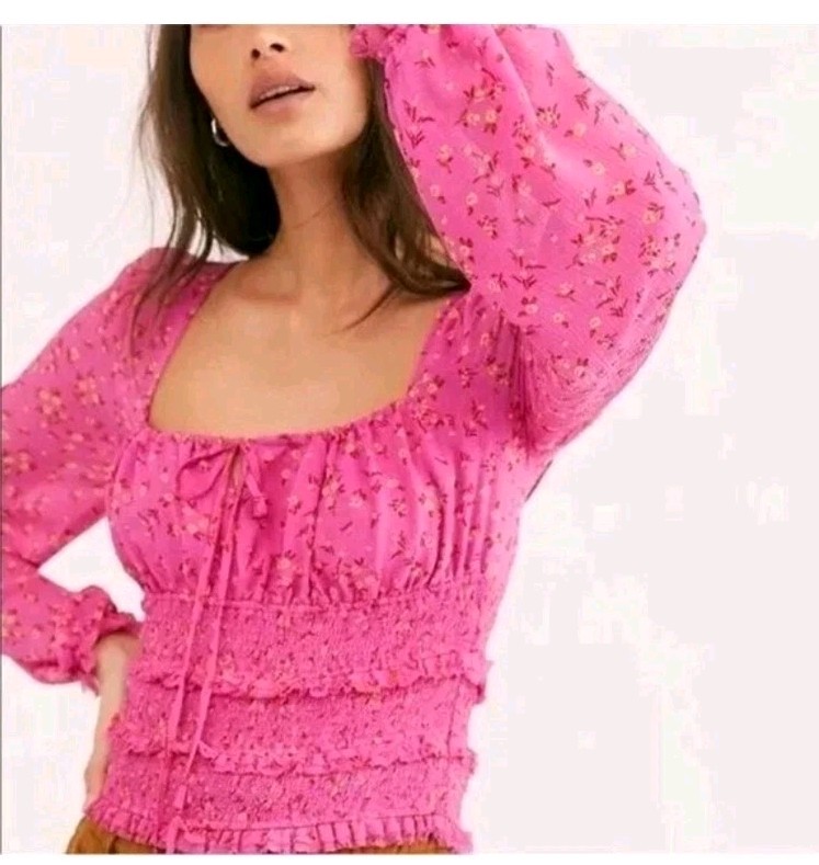 Free People Lolita Smocked Peasant Top Pink Floral Square Neck Cottage Boho Sm