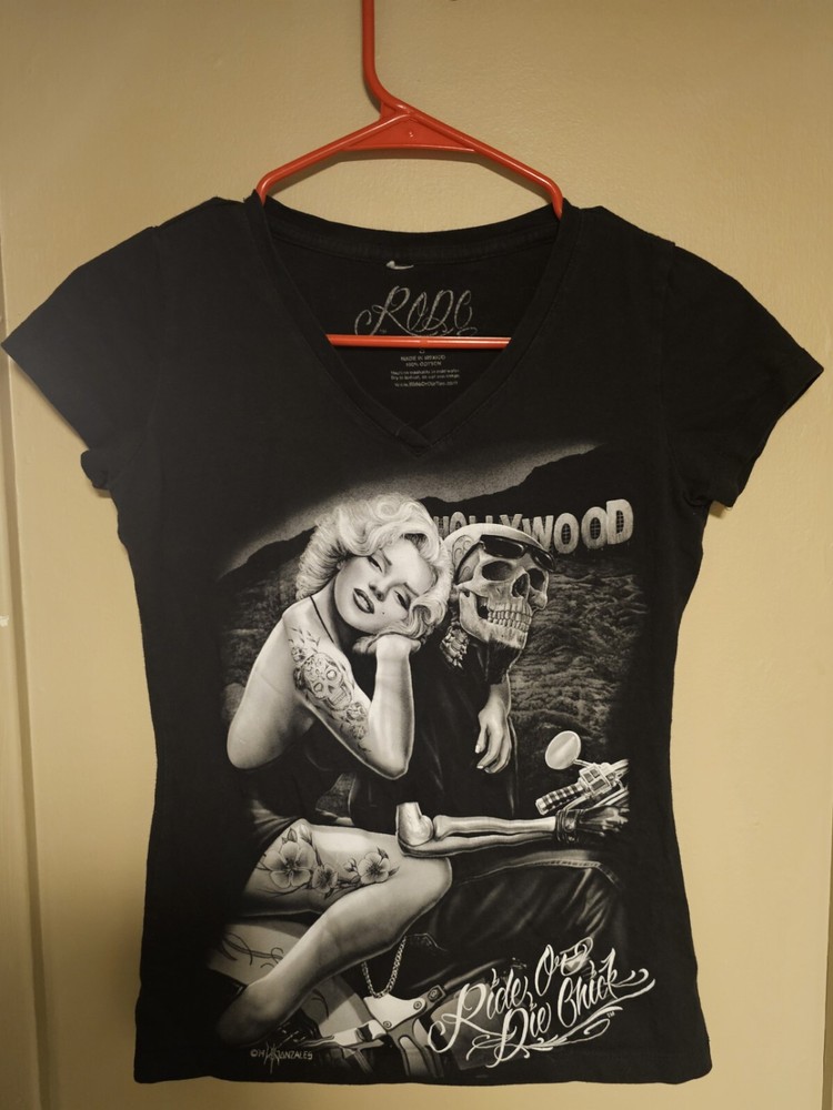 Marilyn Monroe Shirt Womens Small Black Motorcycle Skull V-neck