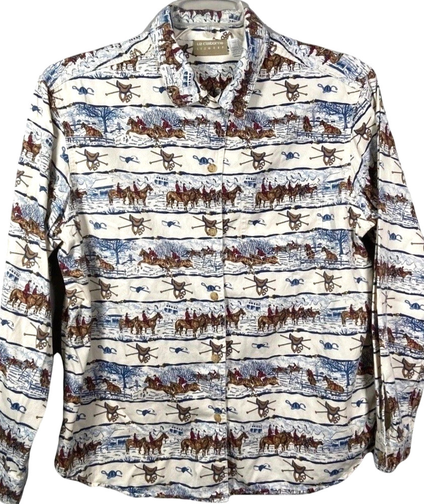 Liz Claiborne Horse Print Shirt Womens L Equestrian Cotton Button Up