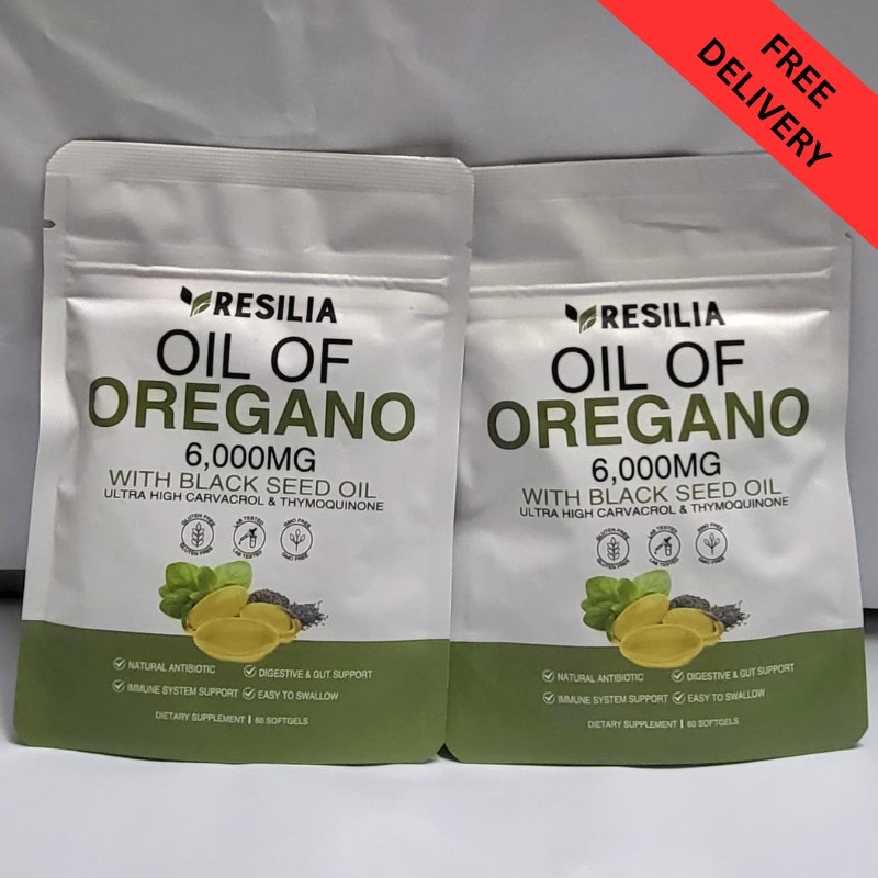 2 Sealed Resilia Oil Of Oregano 6,000 Mg, With Black Seed Oil, 60 Softgels Each