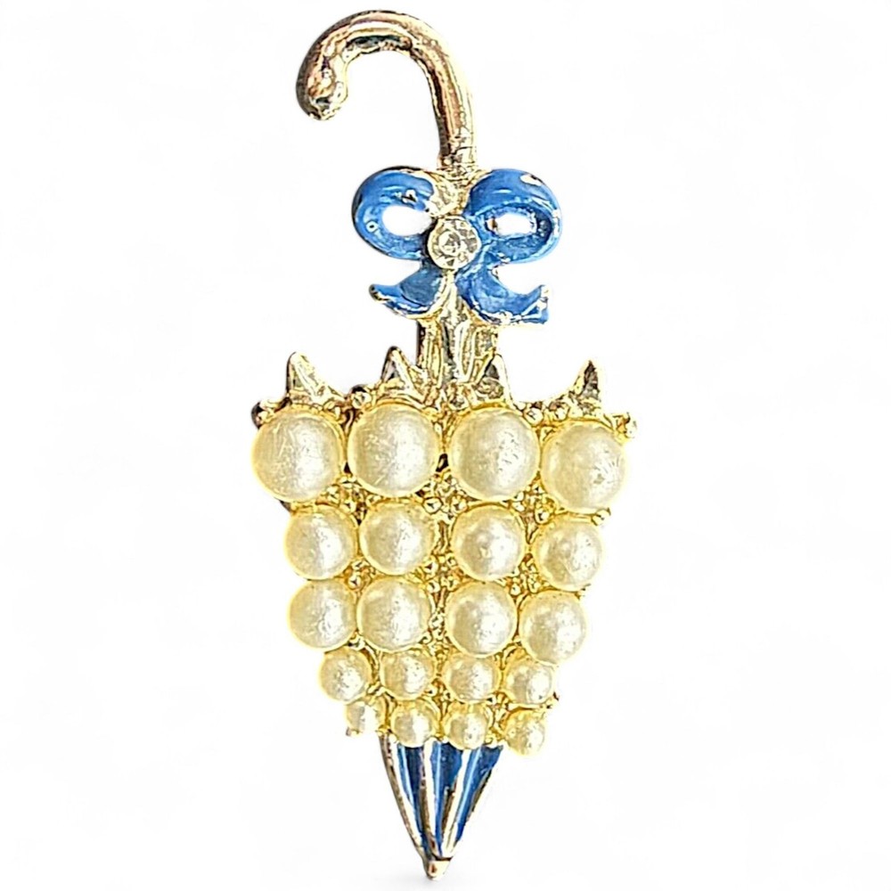 Vintage Umbrella Brooch Faux Pearl Gold Tone Blue Enamel Bow Parasol Pin Jewelry