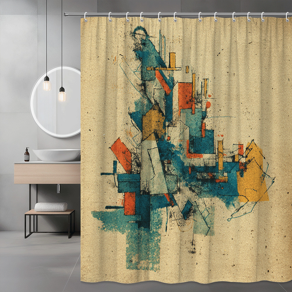 Abstract Geometric Art Shower Curtain in Teal Orange Beige