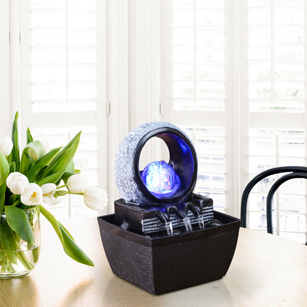 Mini Water Fountain Waterfall Desktop Table Decor LED Light Home Ornament