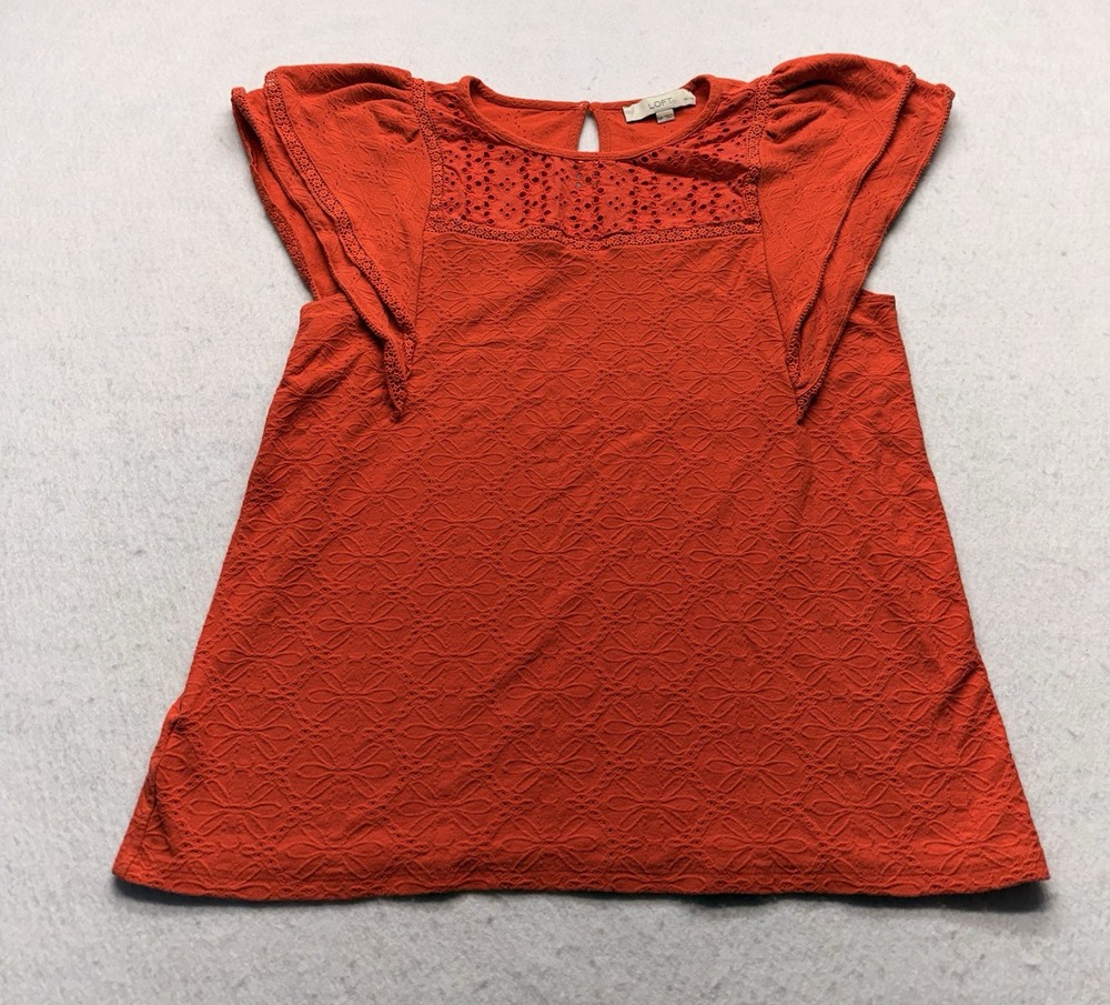 LOFT Red-Orange Eyelet Yoke Flutter Sleeve Blouse Top Women’s Size LP
