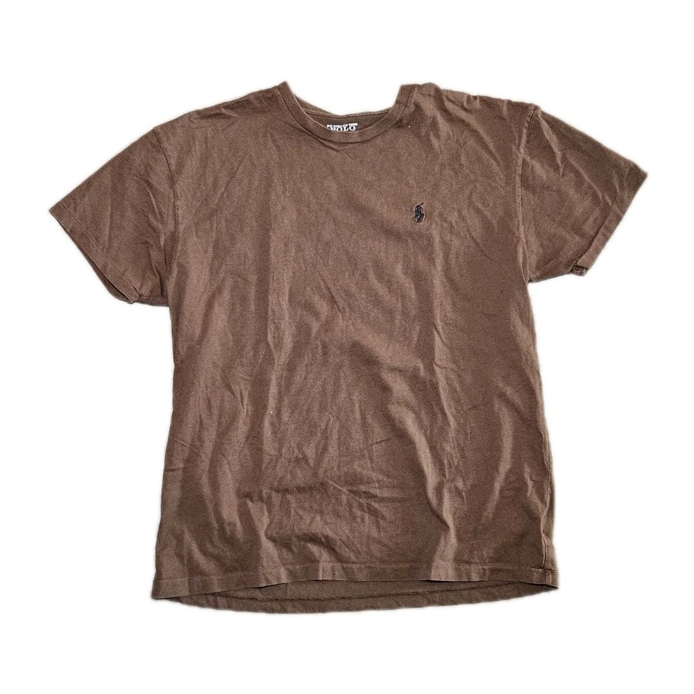 Polo R Lauren Men's Dark Brown Tee With Navy Logo Size Small