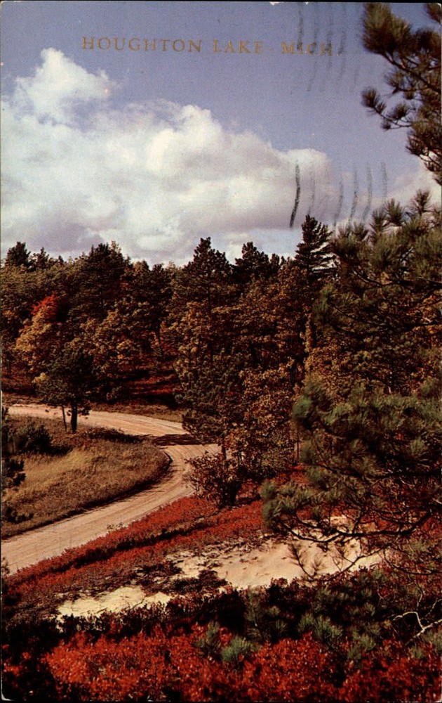 Michigan Houghton Lake dirt road aerial view autumn ~ 1962 postcard sku603