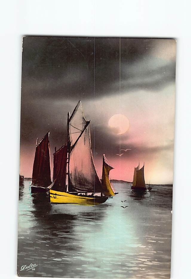 Postcard Vintage Nautical Sailing Boats Sunset Moonlit Sea Delta 39 Italy