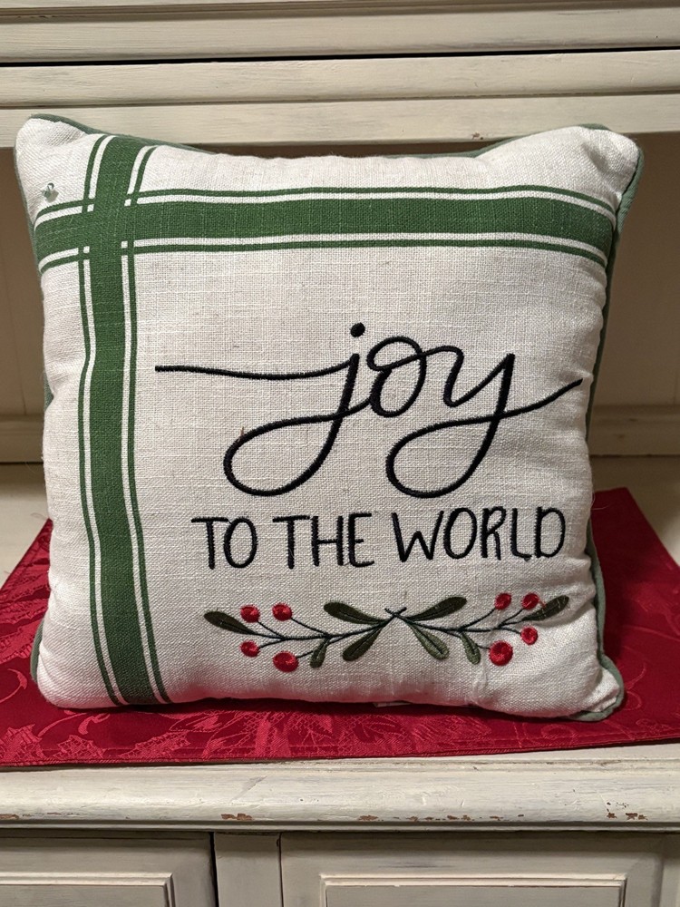 Farmhouse Christmas Pillow Joy to the World Embroidered 12x12 Green Plaid Accent-image