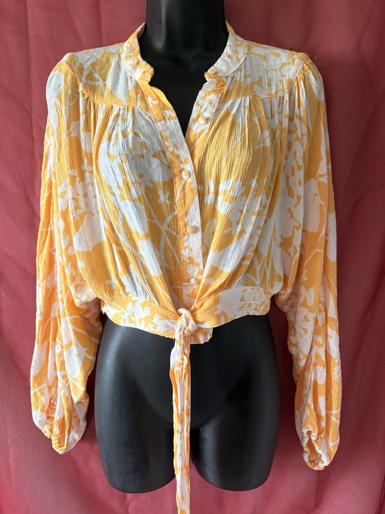 Rachel Roy Yellow/White Abstract Tie-Front V-Neck Long Sleeve Blouse S Women