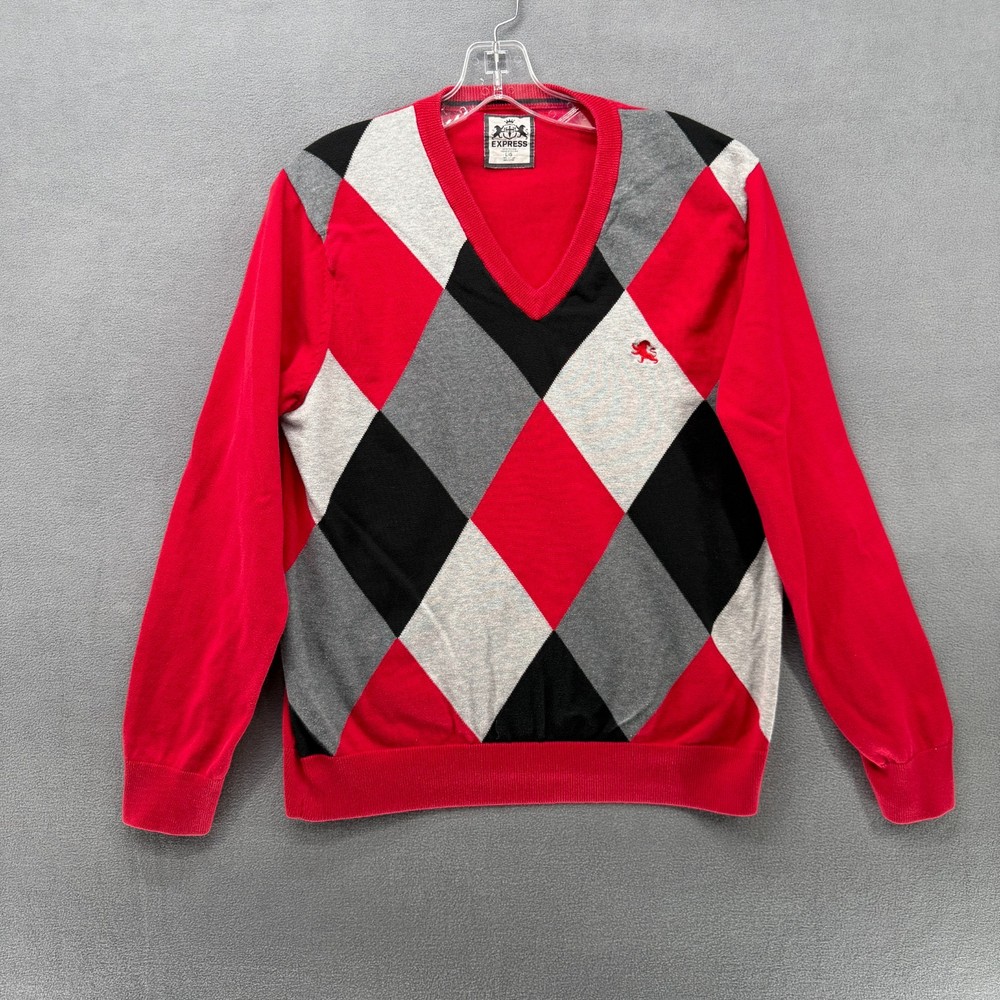 Express Sweater Mens Large Red Argyle V-Neck Long Sleeve Pullover Knit