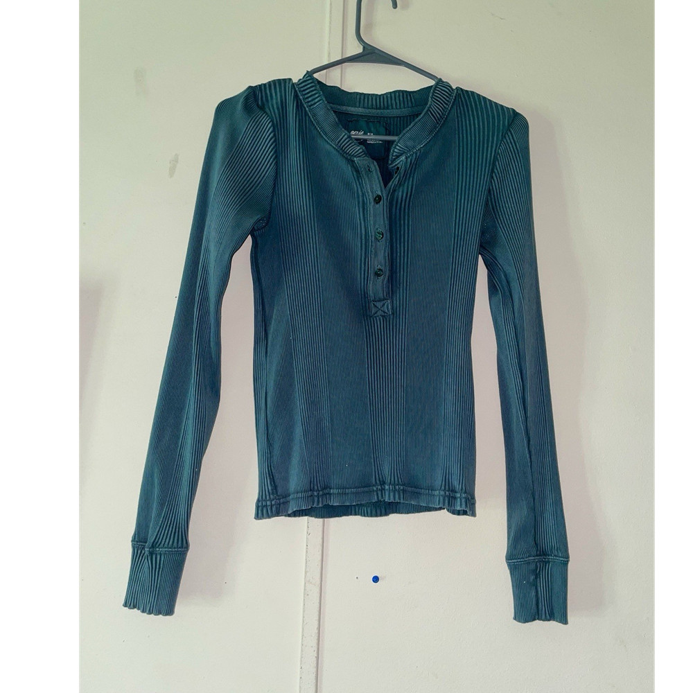 Aerie Women's Green Ribbed Knit Long Sleeve Henley Pullover Top Size M