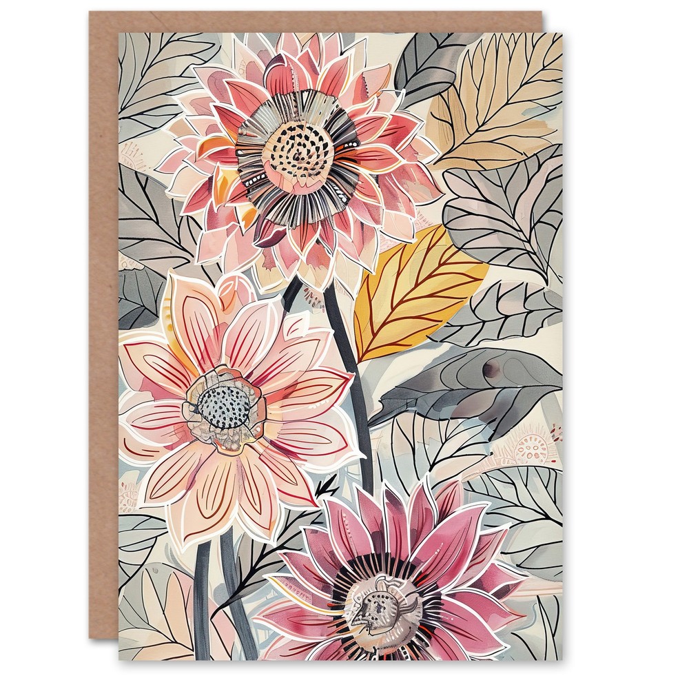 Greeting Card Pink Dahlia Flowers Artwork Bright Fresh Floral Blank Birthday