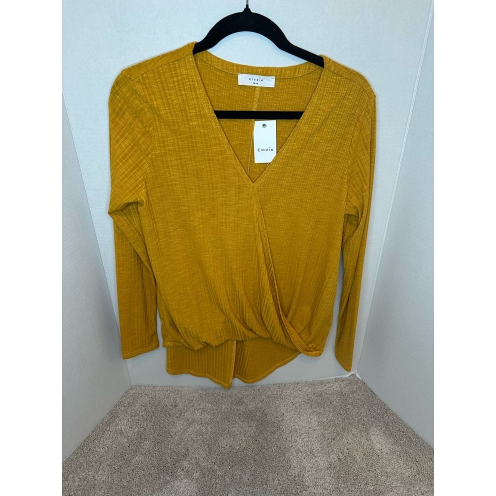 NWT Elodie Mustard Wrap-Front V-Neck Long Sleeve Top, size Medium