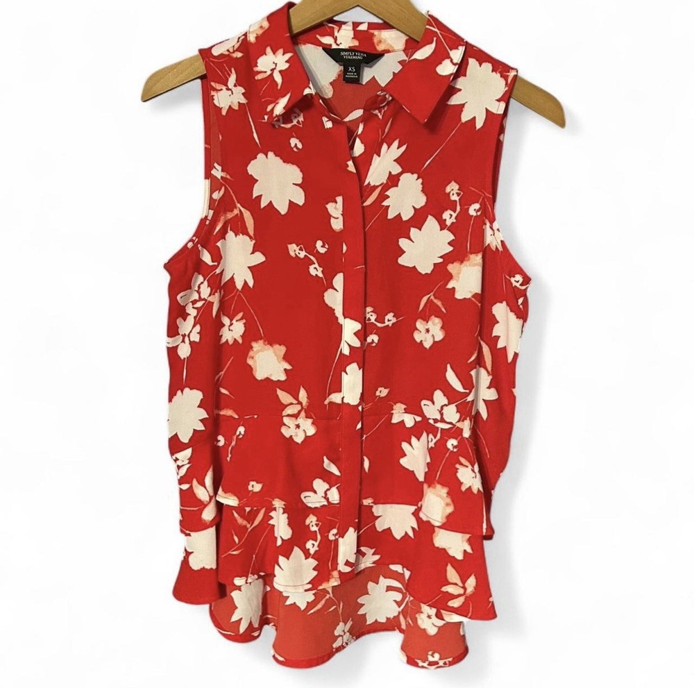 Simply Vera Wang XS Red Sleeveless Floral Button Down Blouse Women's Top