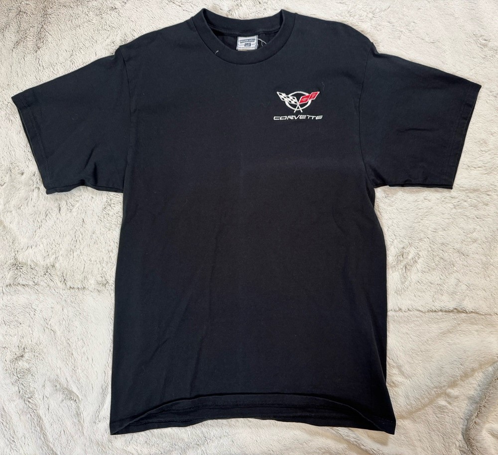 Vintage Corvette Shirt Men's Medium Made In USA Lee Tee Black Embroidered Logo