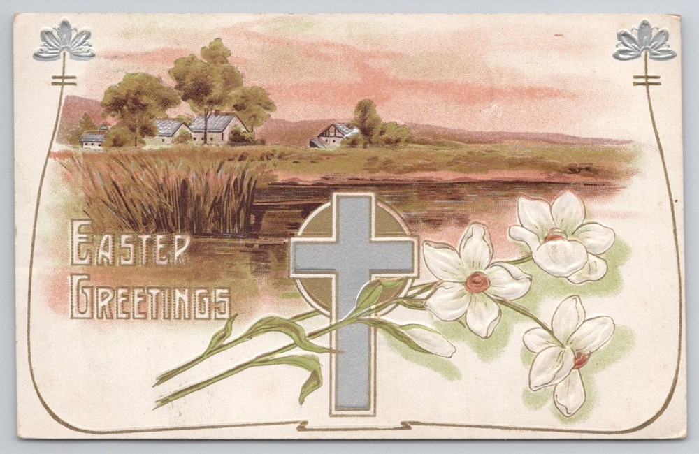 1910 Easter Greetings Postcard Philadelphia PA Crawford Station Cross Flowers