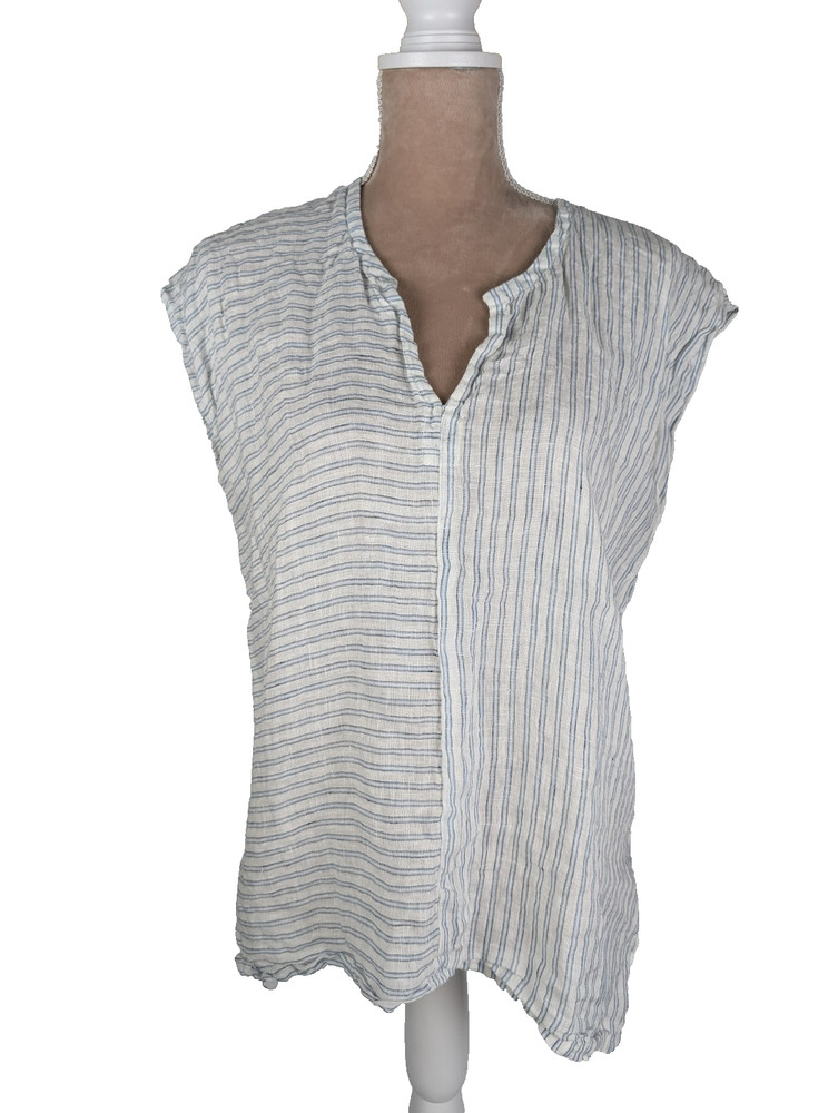 CP Shades Cap Sleeve Linen White Blue Stripe Tunic Top Sz Medium Beachy Coastal