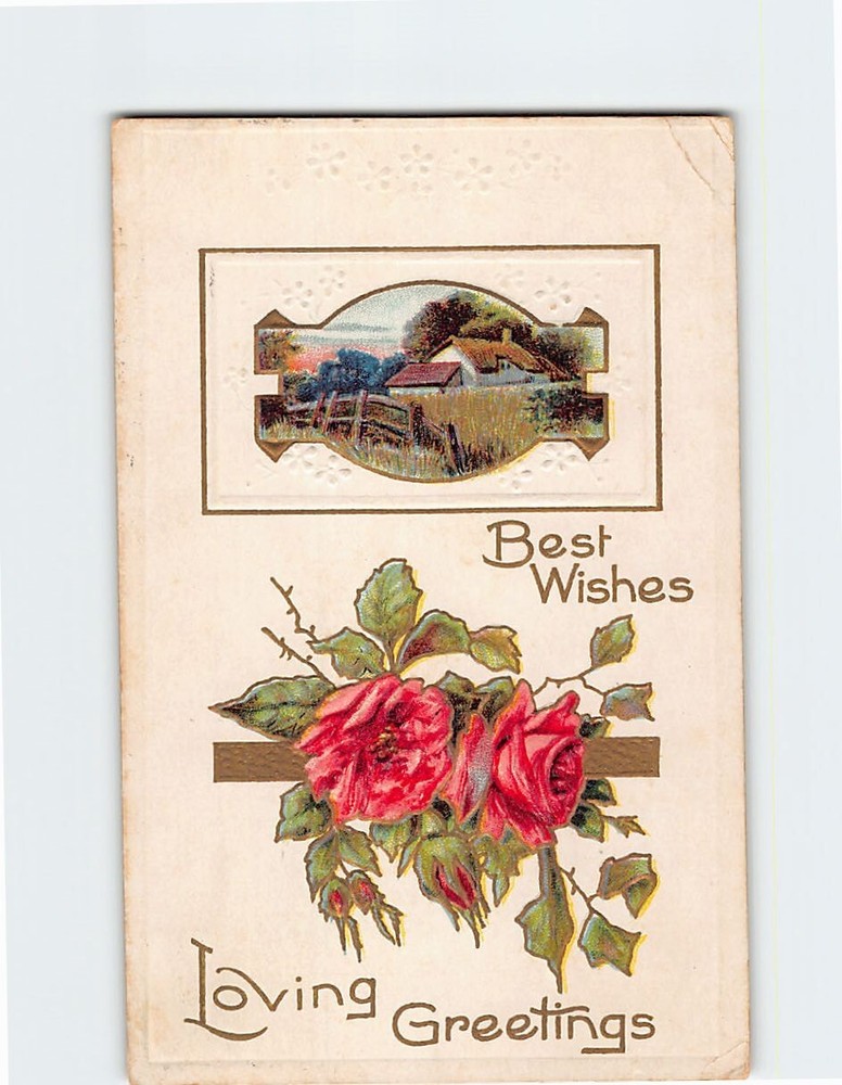 Postcard Best Wishes Loving Greetings Flower Art Print Embossed Card