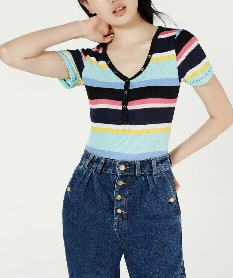 Women's M Gold Multicolor Striped V-Neck T-Shirt - Planet Design