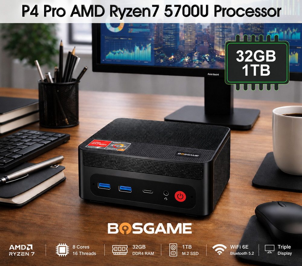 BOSGAME P4 Pro Mini PC Ryzen 7 5800U 32GB RAM 1TB SSD WiFi 6E Win11 Pro