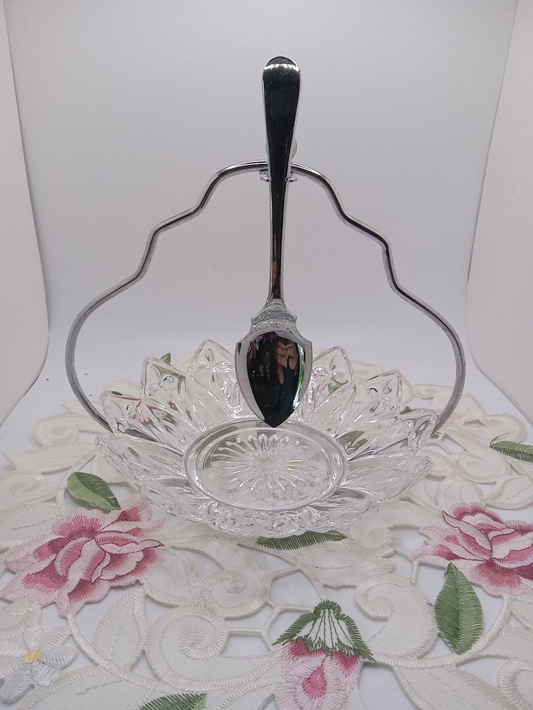 Vtg Sheffield Jam Relish Server 3 Pc Set Glass Dish Chrome Stand & Spoon Holder