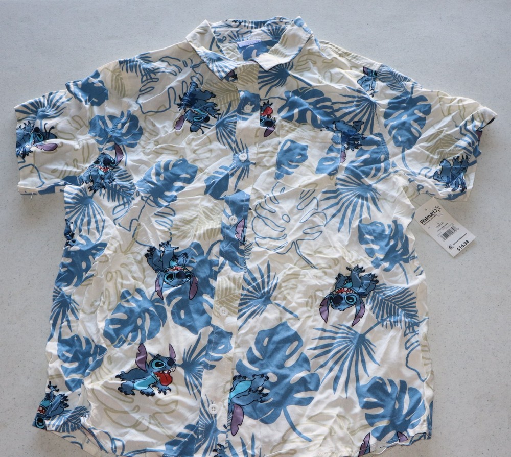 Disney Stitch Boys Size L 10-12 Cotton Button-Up Shirt Short Sleeve Graphic