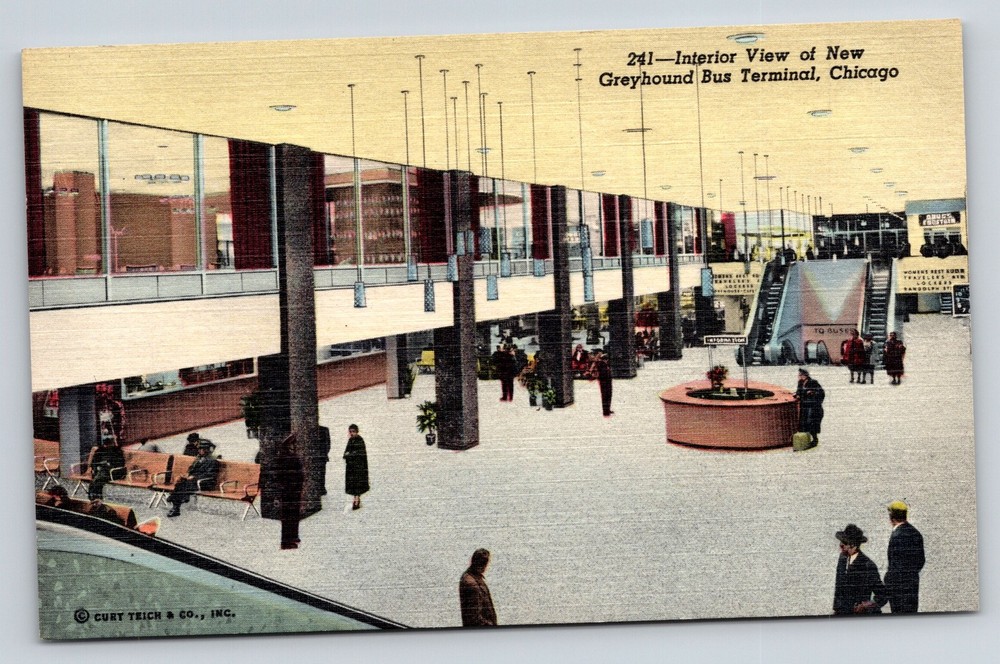 Chicago Illinois~New Greyhound Bus Terminal~Interior Lobby~Linen 1940s Postcard
