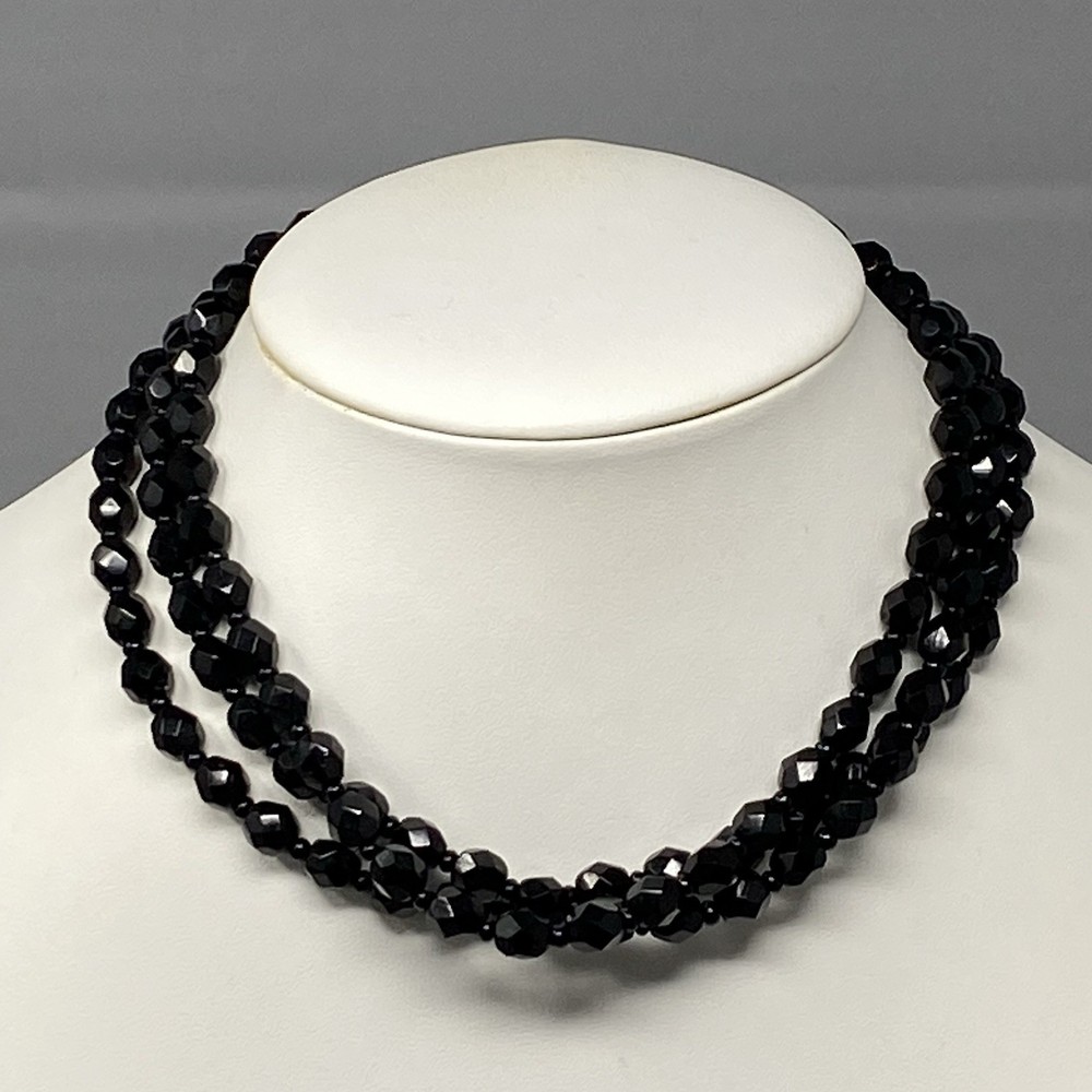 Black Glass Bead Necklace Layered Triple Strand Collar Short Faceted Vintage 16