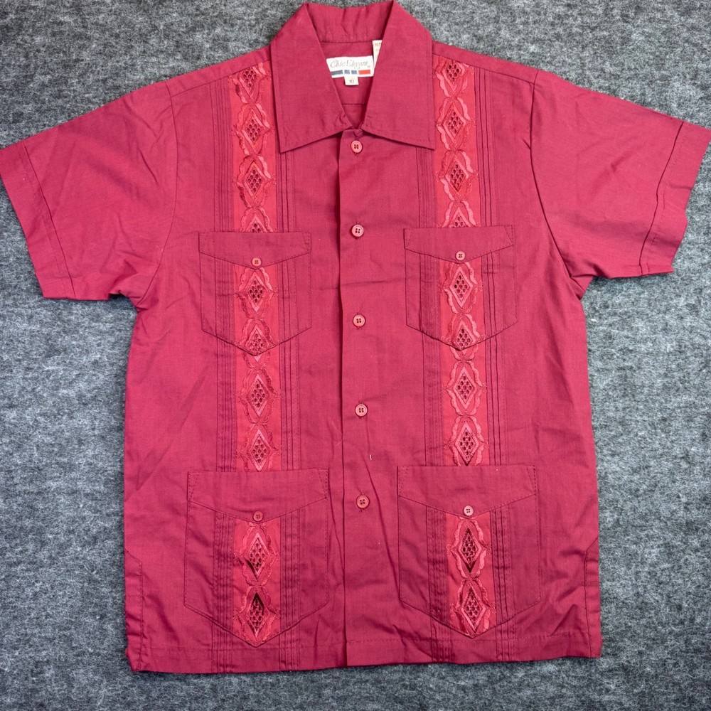 Chic Elegant Guayabera Shirt Kids Size 10 Burgundy Red Short Sleeve Embroidered
