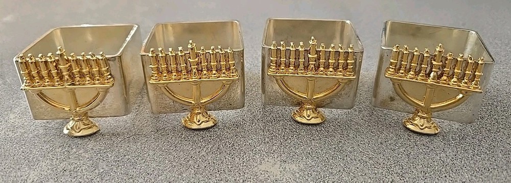 4 PCS Silver Hannukah Napkin Holders. Menorah Square Napkin Rings, Silver Plate