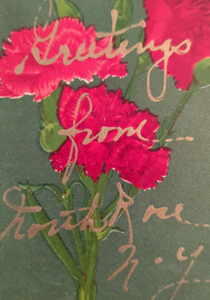 Red Carnations Gold Lettering Greetings from North Rose NY c1933 VTG Postcard