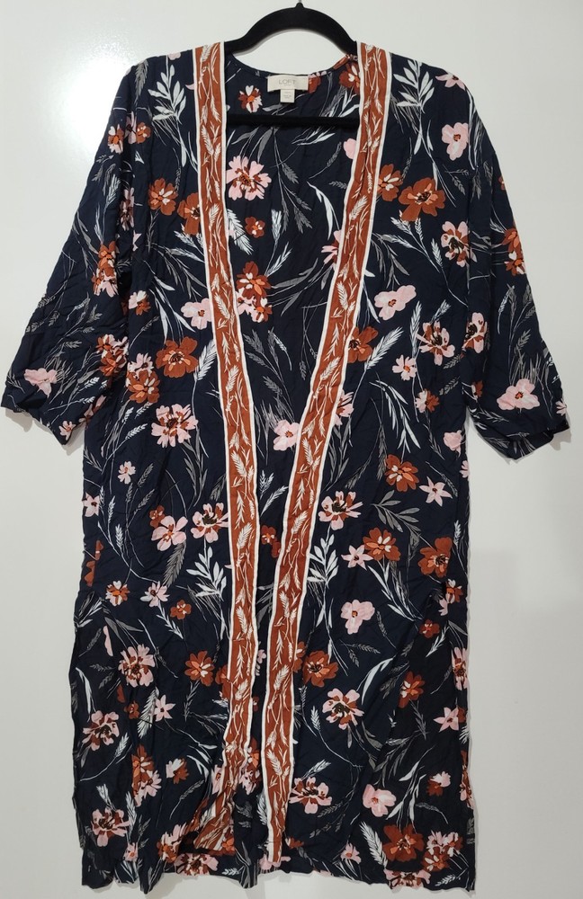 LOFT XS/S Black Multi Floral Duster Kimono Lightweight Boho Beach