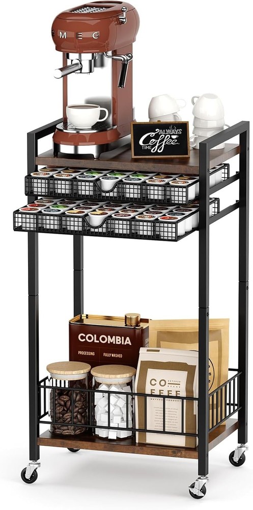 Coffee Bar Stand Station Cart Pod Holder Drawer for 84 Pods Storage with Wheels