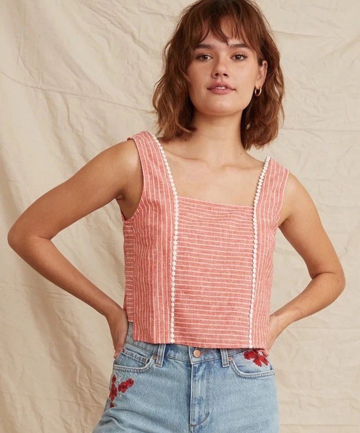 Marine Layer Striped Stella Crop Linen Tank Top XS Red White Square Neck Resort