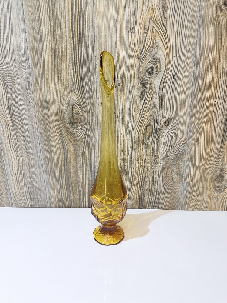 Vintage 16” Viking Glass Amber Cabbage Leaf Swung Pedestal Vase