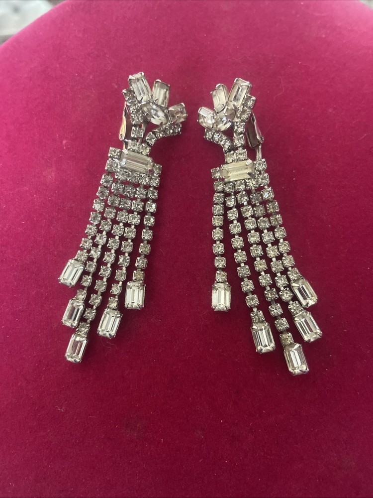 Vintage Clear  Rhinestone Dangle Drop Cascading Silver Clip On Earrings 2.75