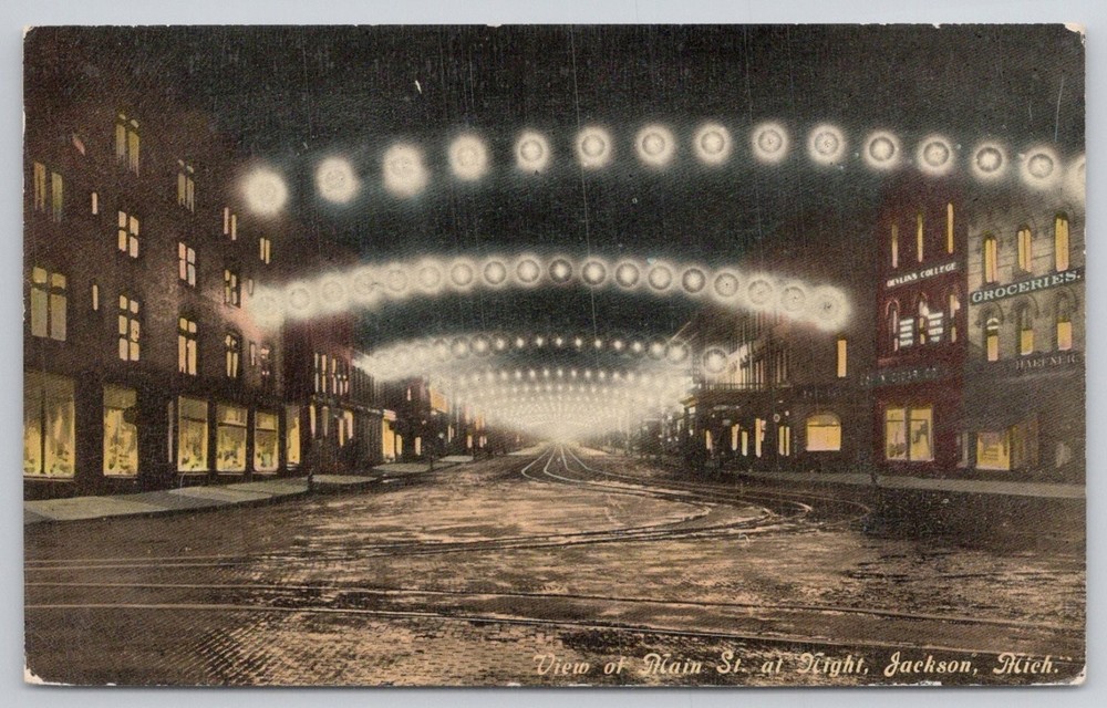 Jackson, Michigan Main St. Night View Postcard c.1910 Street Lights Trolley